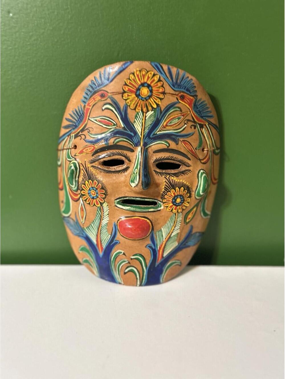 Hand Painted Mexican Folk Art Clay Mask Wall Decor Hummingbirds Flowers 8.5"